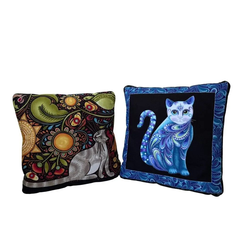 Folk Art Quilted Cat Bird Pillows Set Of 2 Black Multicolored 9” Square